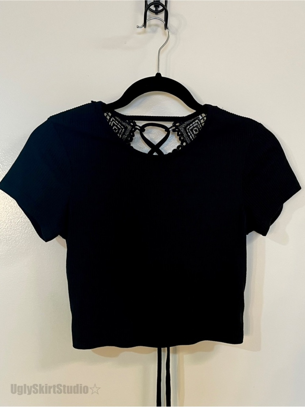 Black Ribbed Lace Back Crop Top Ritual Boho Chic Y2K Crisscross Top